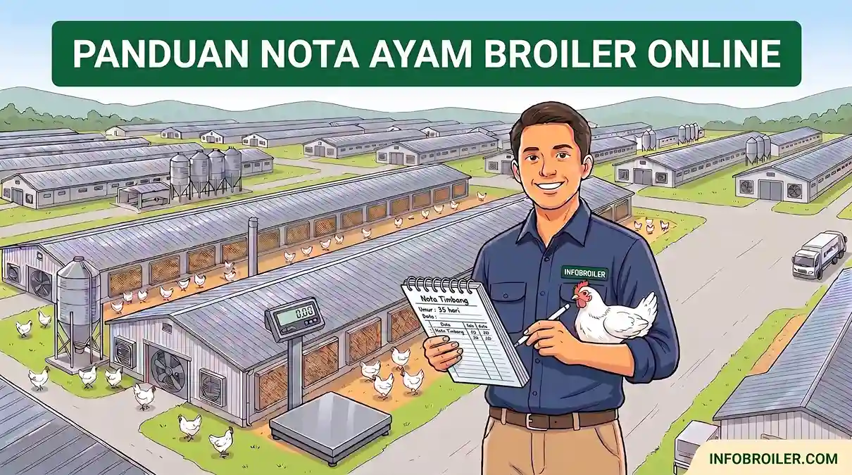 Panduan nota timbang ayam broiler online InfoBroiler untuk pencatatan data timbangan panen livebird digital, perhitungan potongan tara keranjang otomatis, dan cetak Bukti Timbang Panen Ayam (BTPA)