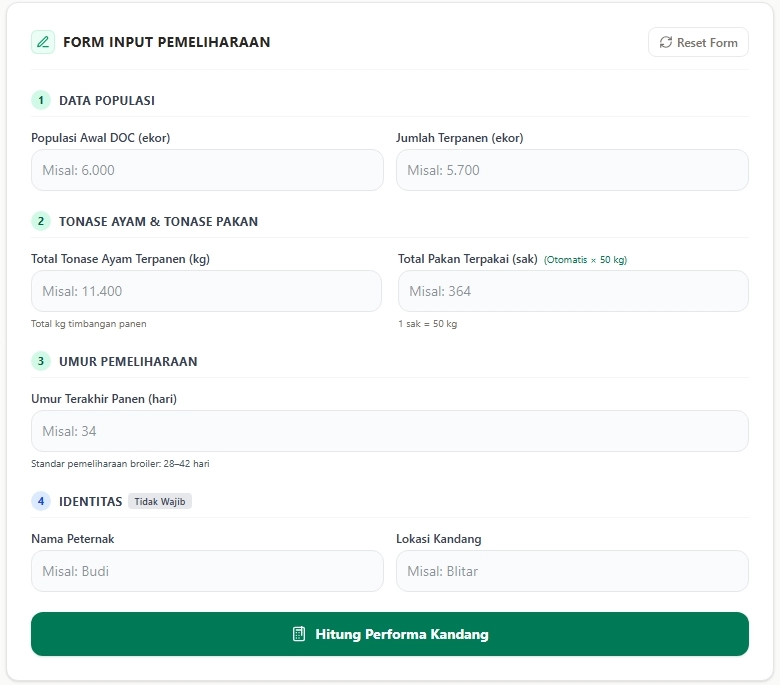 Tampilan antarmuka aplikasi kalkulator otomatis untuk menghitung FCR dan IP ayam broiler dari InfoBroiler