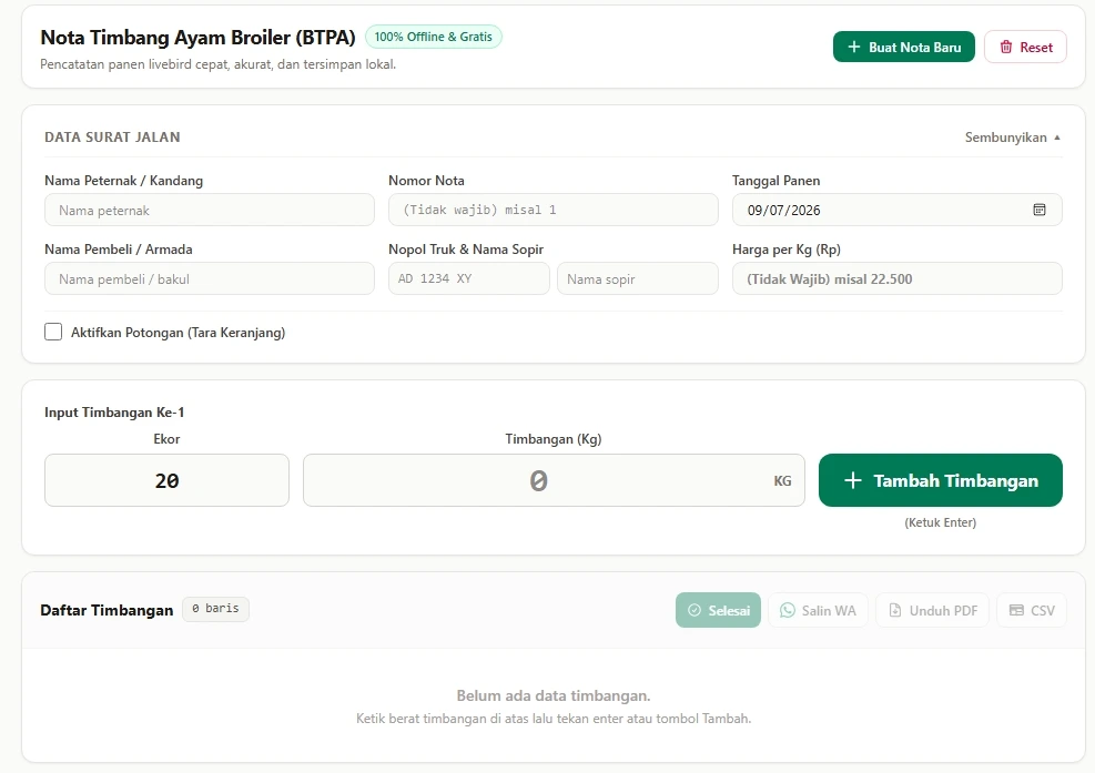 Alur pencatatan timbang panen ayam broiler digital: dari penimbangan per keranjang di kandang hingga cetak lembar BTPA dan rekap WhatsApp otomatis